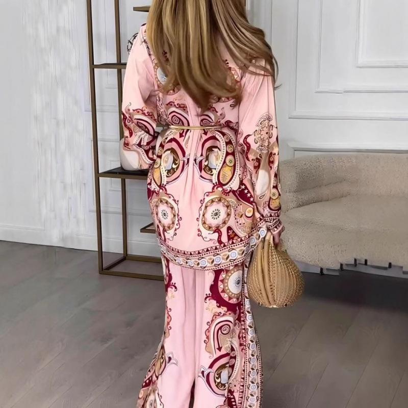 2025 Women's Graffiti Print Two-Piece Set: Turn-Down Collar Shirt & Long Pants