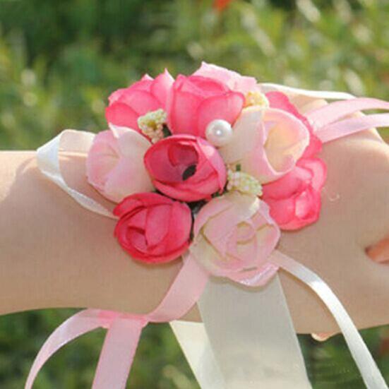 Wrist Flower Vivid Pattern Fake Pearl Ribbon Cloth Pretty Bridal Flower Bracelet for Wedding