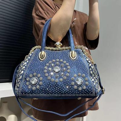 Diamond Denim Tote Bag for Women Large Capacity Gradient Woven Shoulder Bag Fashion Crossbody Bag