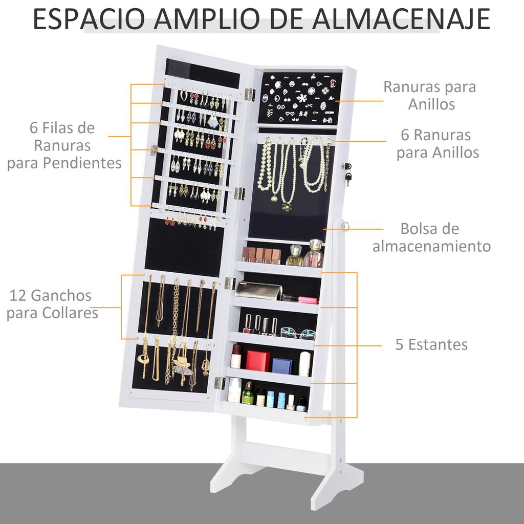 Jewelry Mirror Cabinet with 20 LED Lights Reclining Jewelry Cabinet with Storage for Rings Earrings Necklaces 40x37x146 Cm White