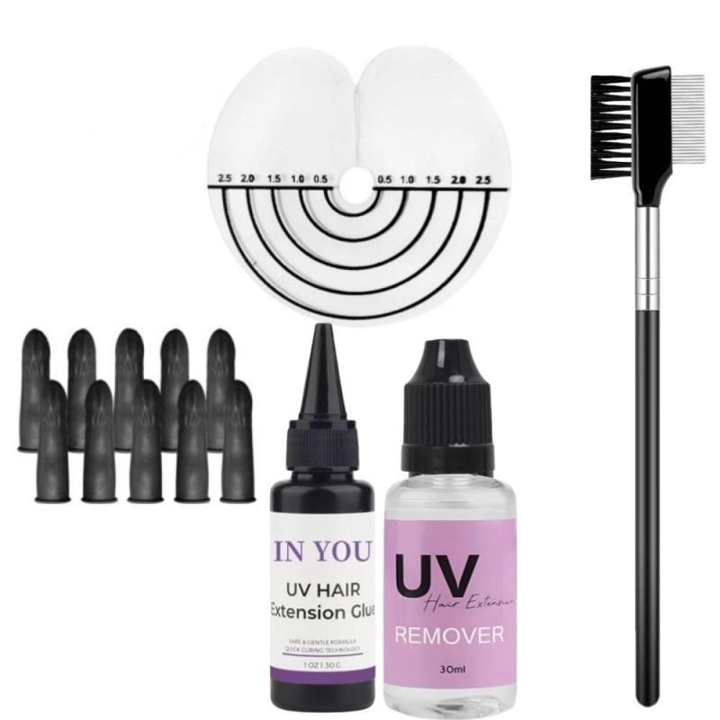 

UV Hair Accessories: 30g Glue + 30ml Remover & Skin Shield,Damage-Free Salon & Home Extensions,Comb Set for Seamless Bonds Accessories
