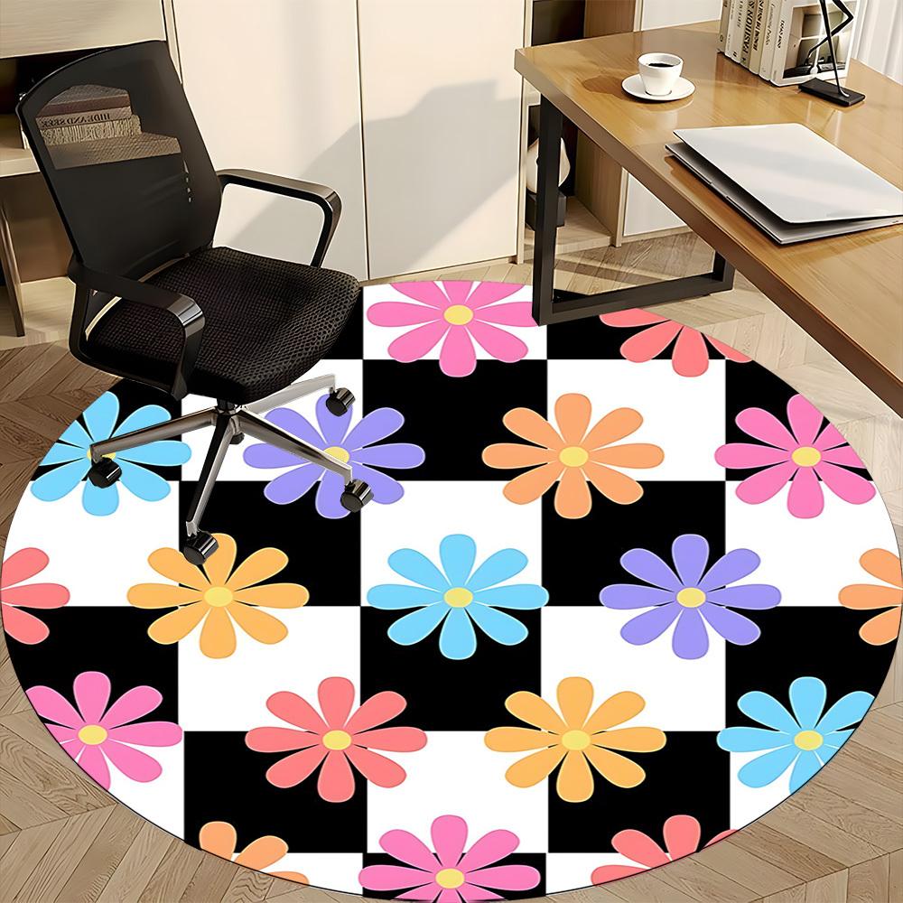 1pc Floral Checkered Office Round Area Rug,  Mat Suitable For Office, Under Office Chairs Bedroom Living Room Home Decor, Room Deco