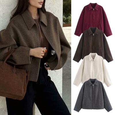Women's Zip Up Wool Jacket Long Sleeve Lapel Short Pea Coat Casual Fall Spring Outerwear with Pockets