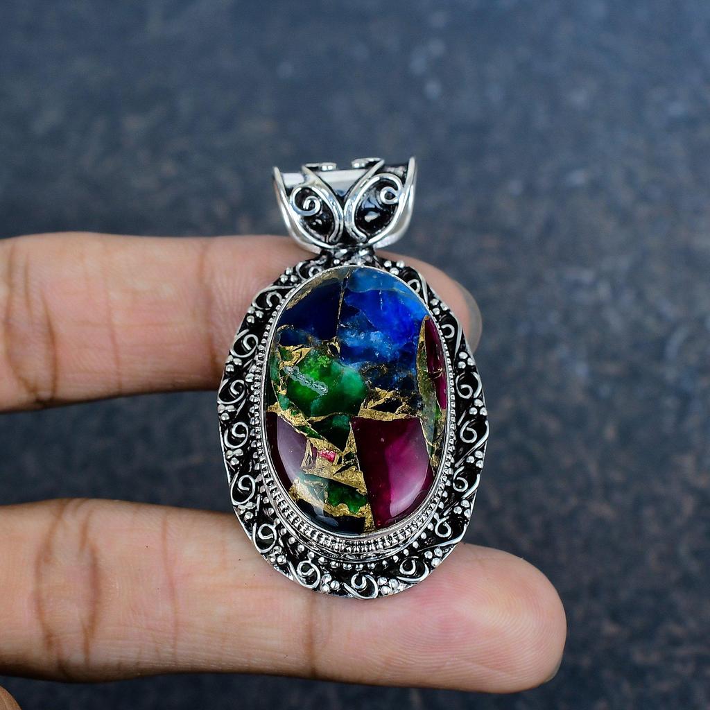 Multi Copper Turquoise Handmade Gemstone Pendant, 925 Solid Sterling Silver Pendant Beautiful Jewelry, Designer Pendant