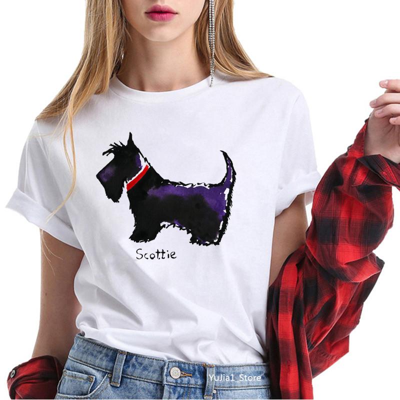 Cute Cartoon T-shirts for Women Harajuku Kawaii Scottish Terrier Animal Print Tee Shirt Femme Summer Cute Tops Dog Lover T Shirt