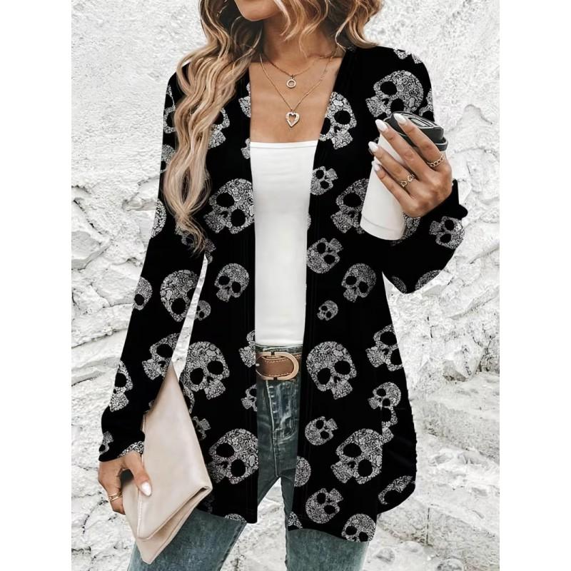 2026 Casual Open Front Cardigan Mid-Length Coat 3D Pumpkin Ghost Print