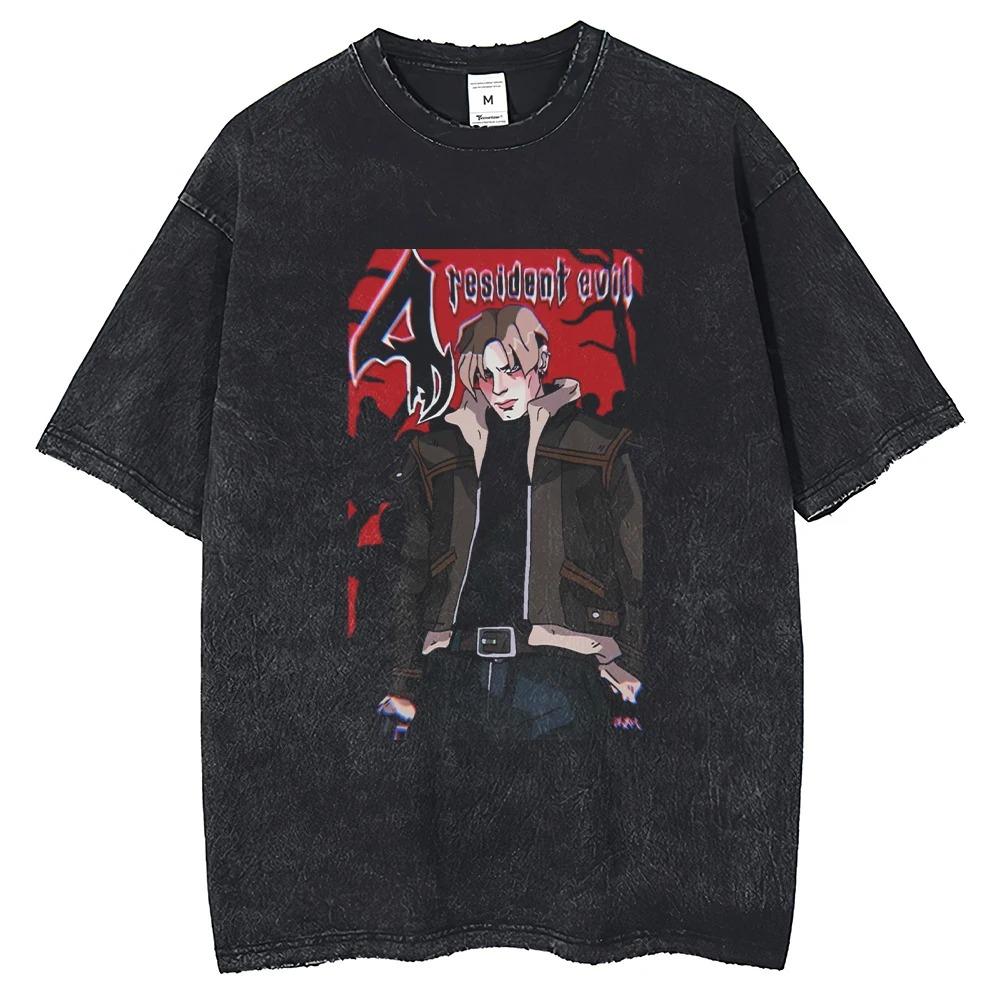 Resident Evil Leon S. Kennedy Realistic Portrait Vintage Washed Game T-Shirt, Unisex Survival Horror Game Fan Streetwear Tee, 100% Cotton Casual