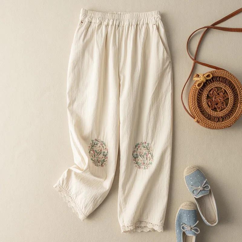 Pantaloni Harem in Lino di Cotone Ricamato da Donna, Pantaloni Estivi in Lino Artistici Larghi Casual Corti