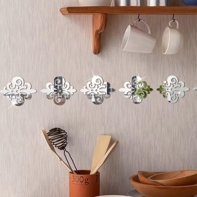10pcs Acrylic Flower Pattern Hollow Wall Mirror Sticker for Cabinet Home Decor Corner Edge Wall Decal Self-adhesive Home Decor