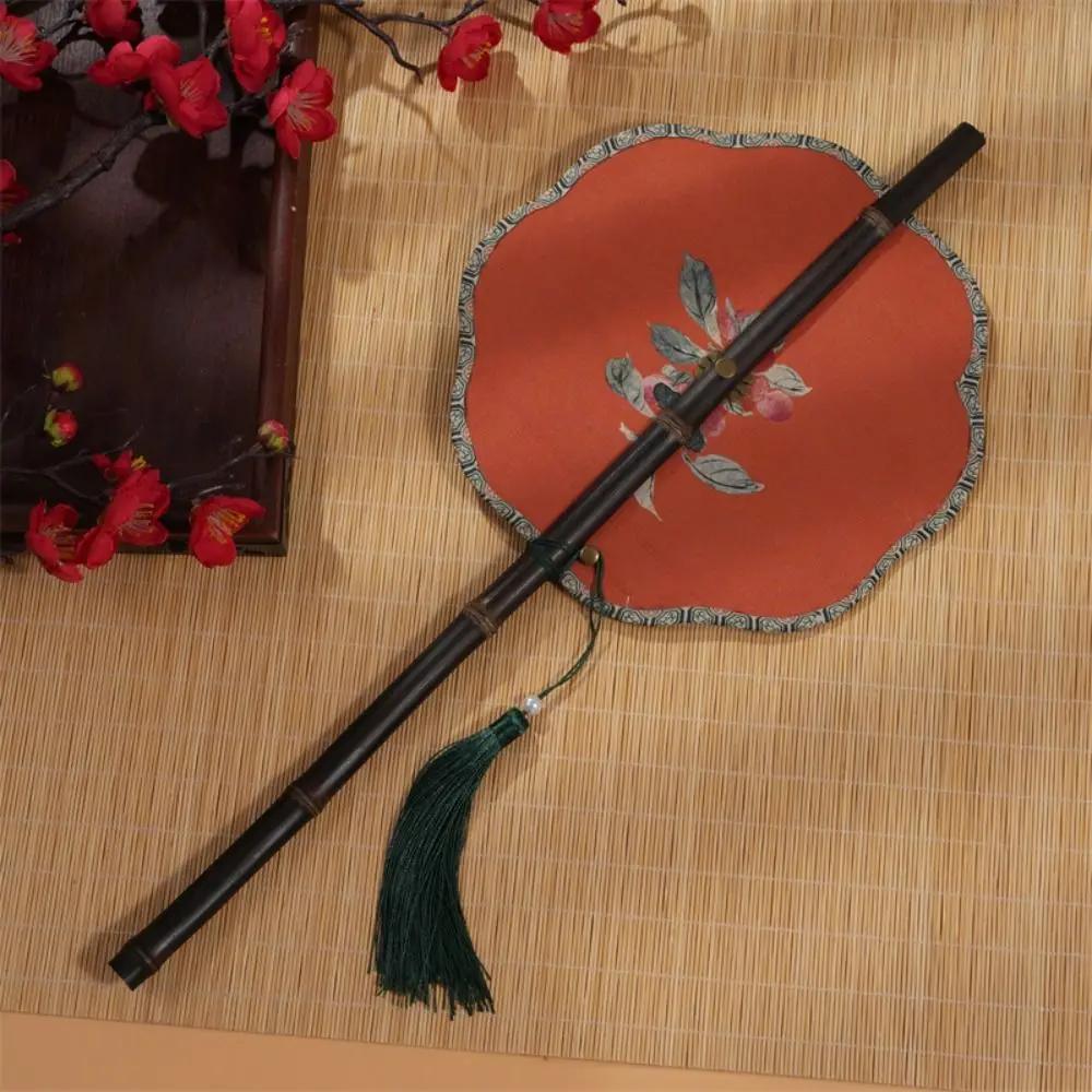 Retro Ancient Style Chinese Bamboo Waist Fan Rollable Foldable Long Handle Fan Decorative Cooling Group Fan Hanfu