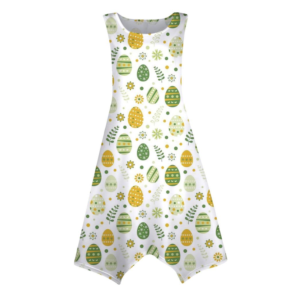 Dámská ležérní móda Midi šaty s kulatým výstřihem a potiskem bez rukávů s nepravidelným lemem