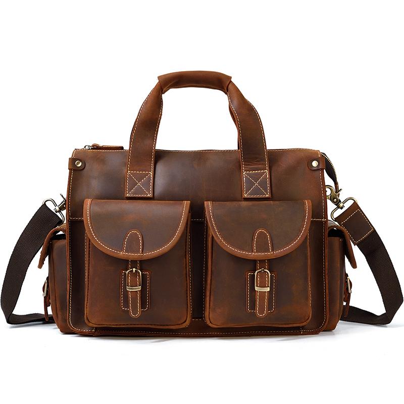 Men Bag top grade Men's Genuine Leather Briefcase Handbags Crazy Horse Leather Hand bag Thick Real Leather Shoulder Bag