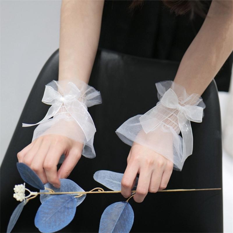 Women Wrist Cuffs Removable Bowknot Ruffled Wedding Supply Bride Dress False Sleeves Tulle Flared Sleeves