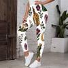Women Plus Size High Waist Full Length Fitted White Printed Mushroom Floral Yoga Leggings