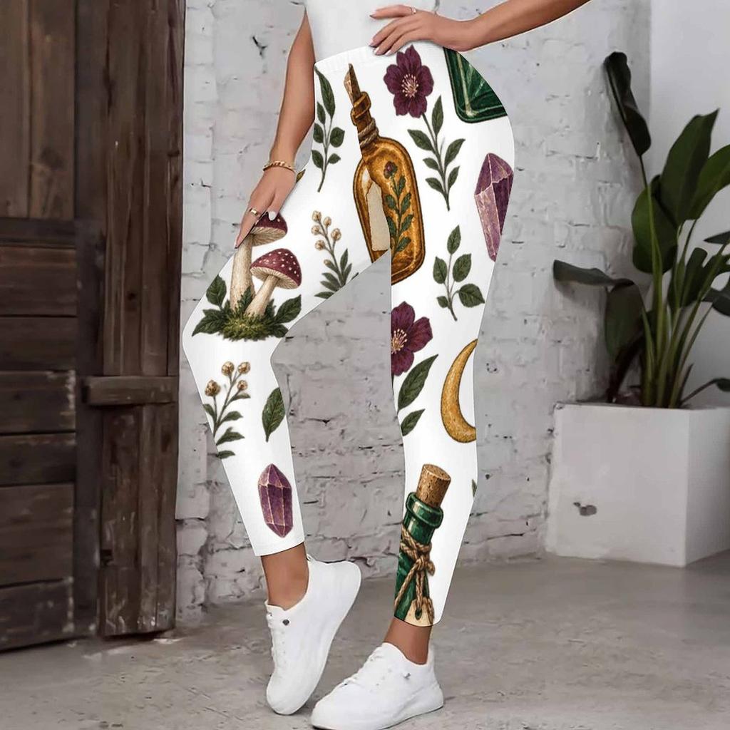Women Plus Size High Waist Full Length Fitted White Printed Mushroom Floral Yoga Leggings