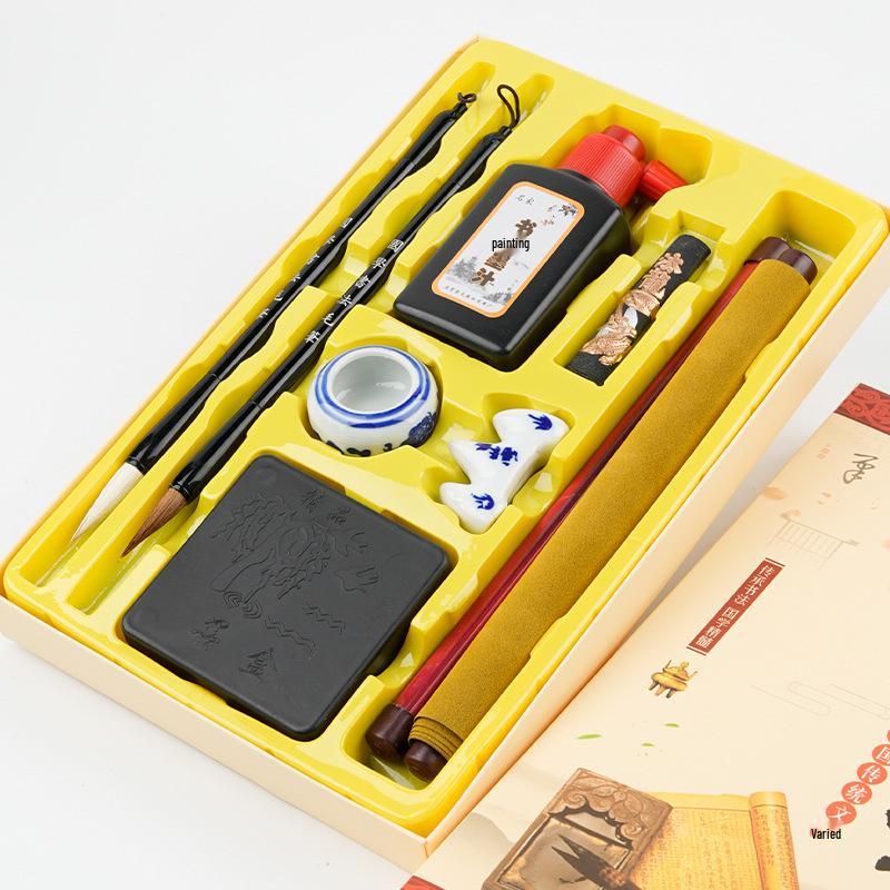 Beginner Calligraphy Set: 10-Piece Four Treasures - Brush, Practice Book, Water Cloth, Paper, Ink, Inkstone - Gift Box Included