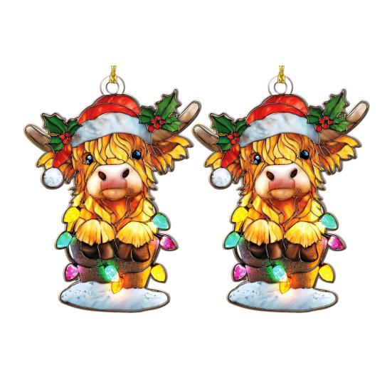 Highland Cow Christmas Ornament Stained Glass Effect Window Hanging Highland Cow Decor Rustic Acrylic Scottish Suncatcher for Farmhouse Tree Decor