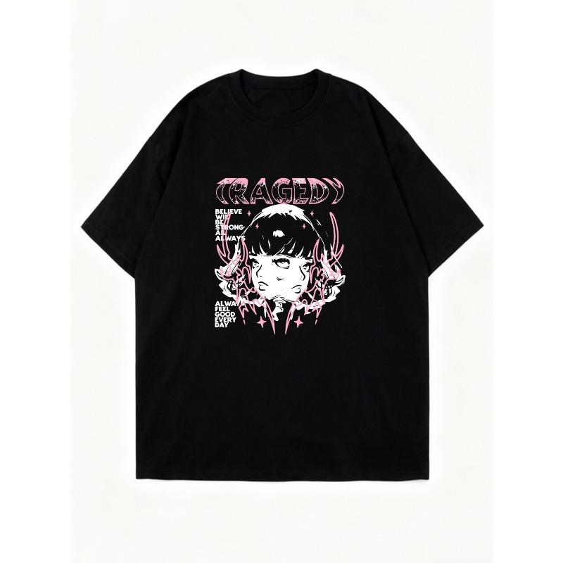 Übergroßes T-Shirt Schwarz Mit Käfig-Grafikdruck Mit Anime-Mädchen Und Textdesign Streetwear Mode Für Freizeitkleidung
