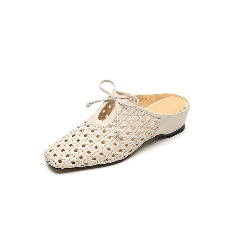 Fashion 2025 New Summer Women Mules Genuine Leather Women Shoes Square Toe Chunky Heel Shoes Cover Toe Slingback Sandals Slippers