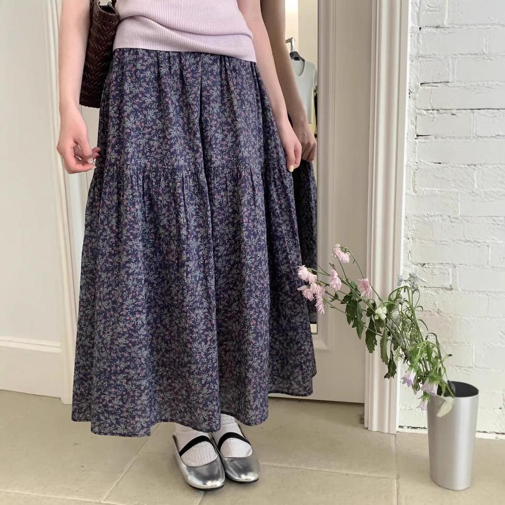 Korean Retro Floral Print Midi Skirt for Women - 2025 Spring/Summer Elastic Waist A-Line Umbrella Skirt