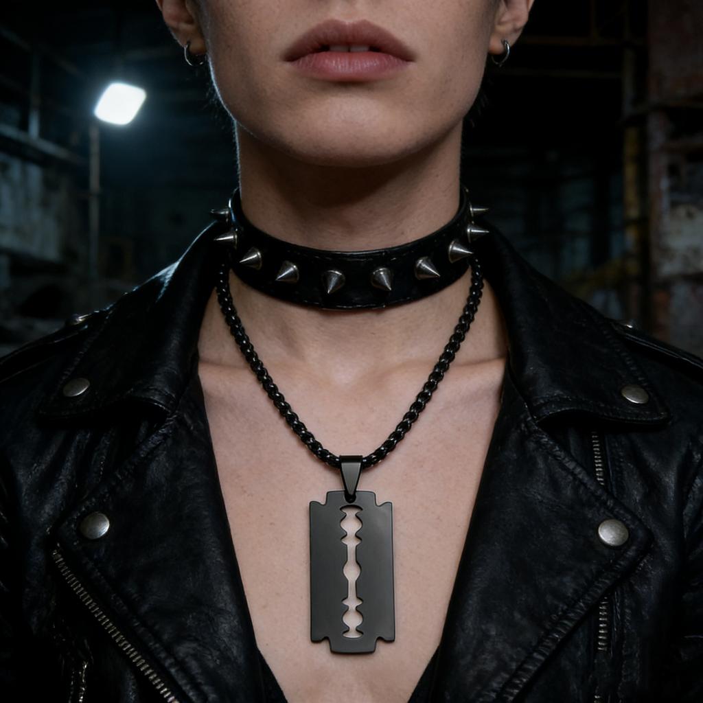 Gothic Blade Razor Pendant Necklaces Men Stainless Steel Black Goth Male Chain Necklace Grunge Y2k Emo Jewelry Collier Homme