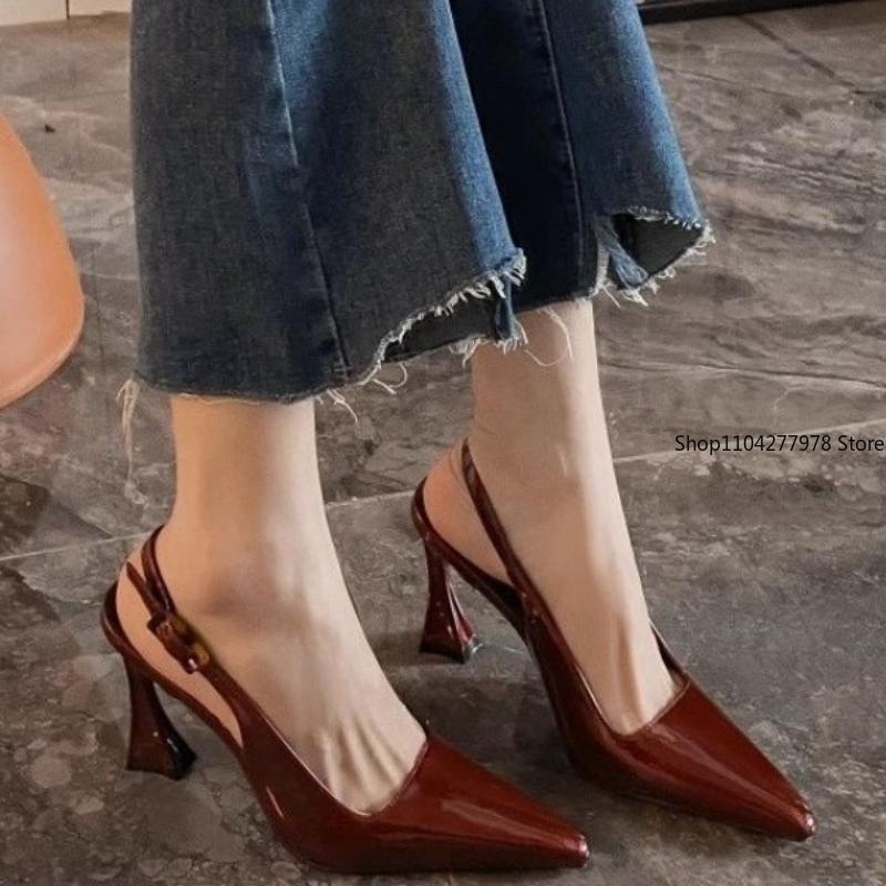 Fashion 2025 Summer Pointed Stiletto Heels Women Pumps Patent Leather Designer Mule Sandals Elegant Sexy Office High Heels Women Shoes