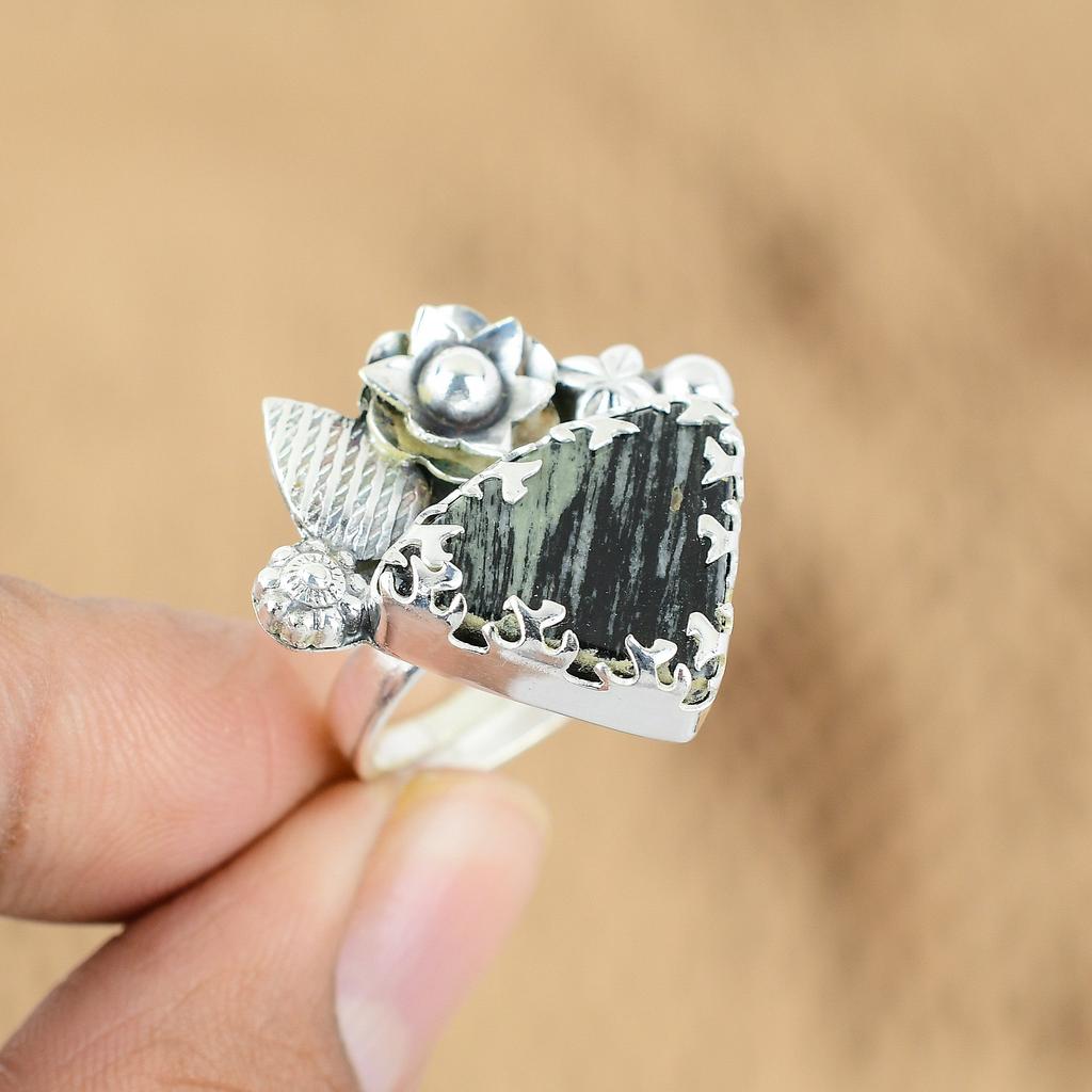 Mothers Day Sale 925 Sterling Silver Silver Leaf Jasper Stone Ethnic Flower Ring