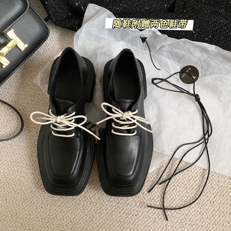 College Style Square Head Loafers 2025 Spring Cowhide Lace-up Cao Cake Height Increase Casual Single Shoes Women's Casual Versatile