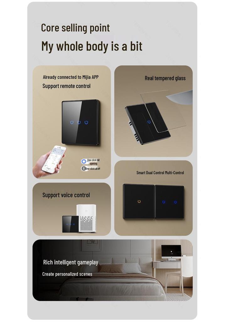 3-Gang Smart Glass Panel Switch, Bluetooth Mesh, Black, Mijia App Compatible