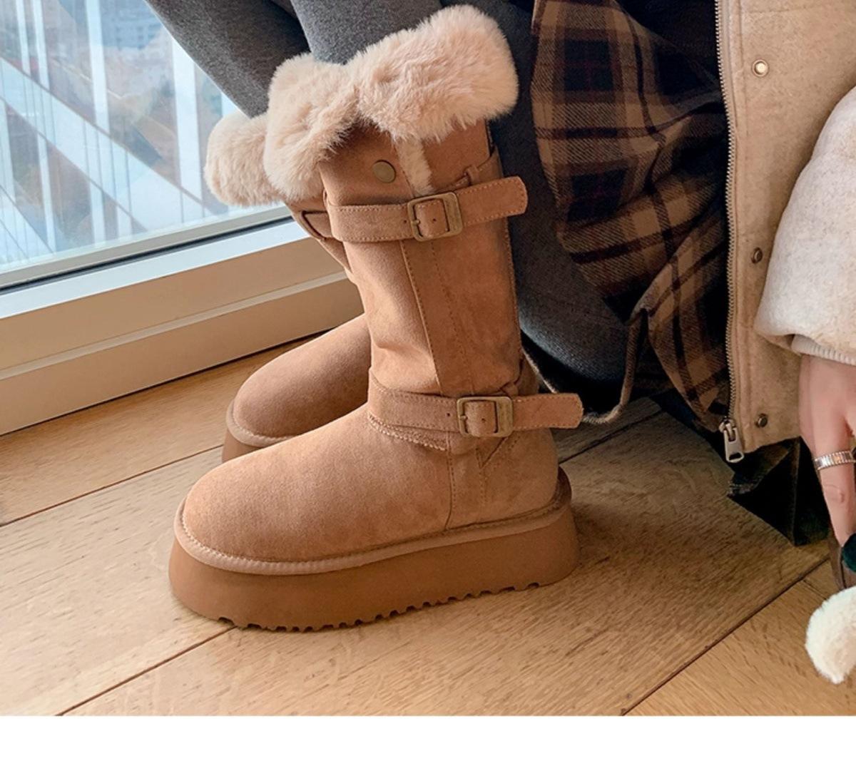 

Fur integrated thick-soled gray snow boots winter thickened velvet buckle long tube snow cotton shoes 40 малиновий