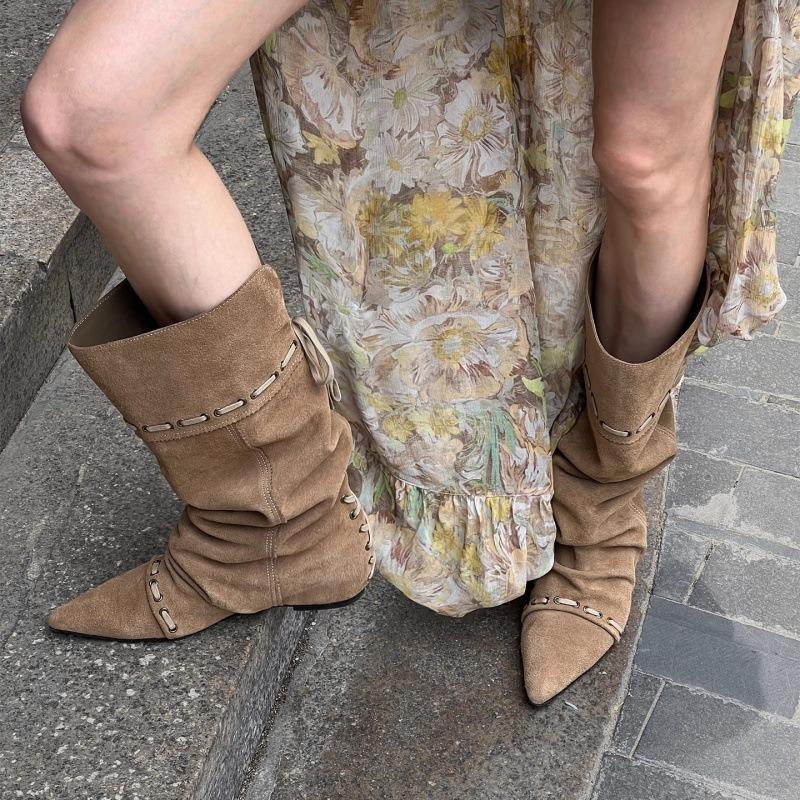 Lambskin~ New Inner Height-increasing Boots Pleated Knight Boots Women's Folding Two Wear Western Cowboy Boots Women's Boots