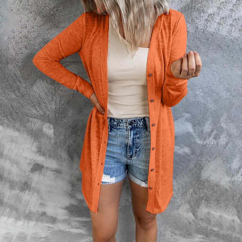 Spring and summer new women's long buttoned solid color casual sun-protective long-sleeve cardigan jacket