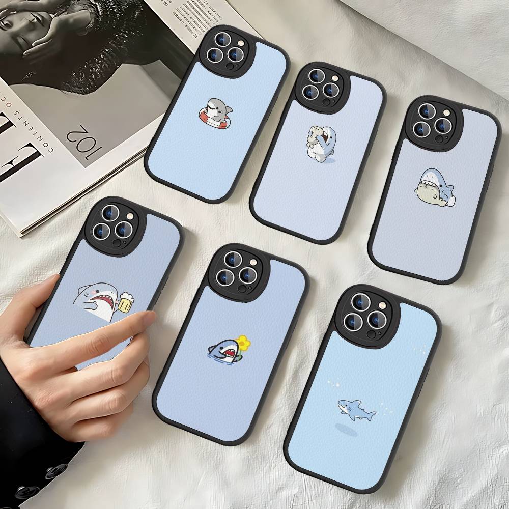 Cute anime Shark Leather Phone Case For iPhone 16 15 14 17 Pro Max 11 12 Mini Plus Soft Shell