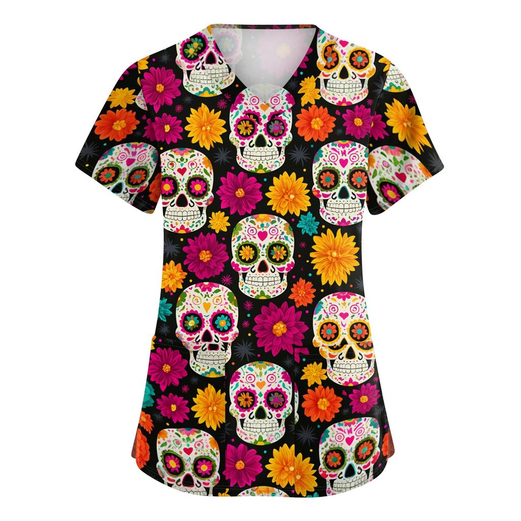Women's V-Neck Short Sleeve Work Top with Pockets Print Caregiver Uniform Shirt