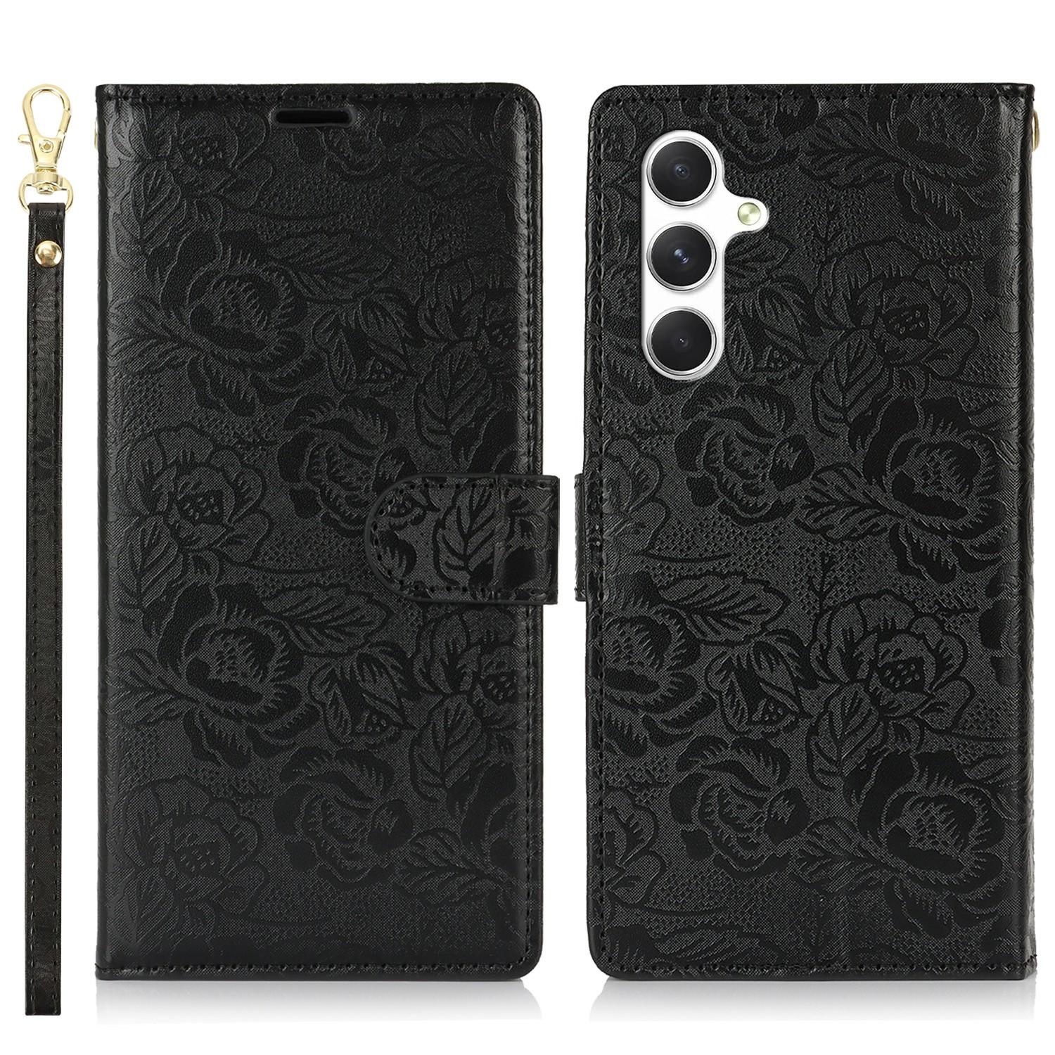 

For Samsung Galaxy A15 4G/5G Case with Hand Strap Flower Imprint Leather Wallet Phone Cover Black