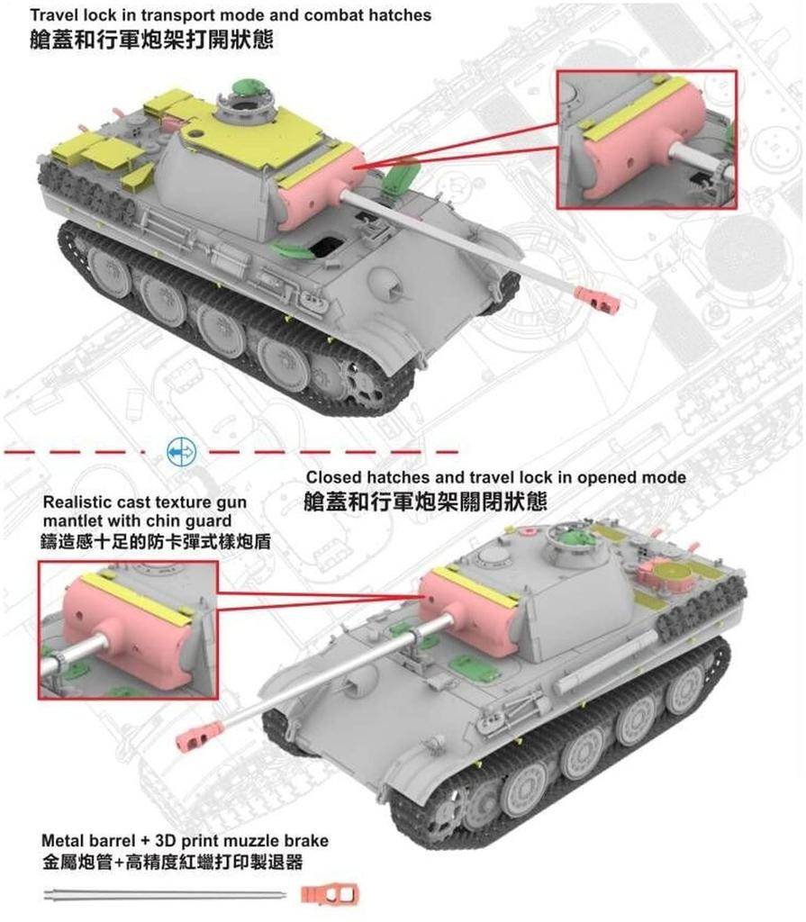 Vespid Modell 1/72 Deutscher Panther Ausf. G-Typ mit Stahlrädern und Flugabwehrpanzerung, 2-in-1 Kunststoffmodellbausatz VPM720009
