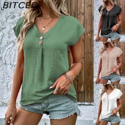 Spring/Summer Women's Solid-Color Button-Up Fashion Short-Sleeve T-Shirt