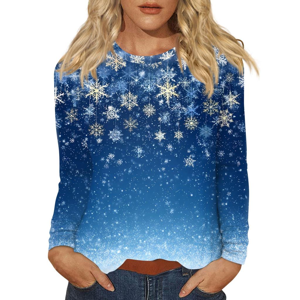 Women's Fashion Casual Christmas Printed Round Neck Long Sleeve Pullover Top