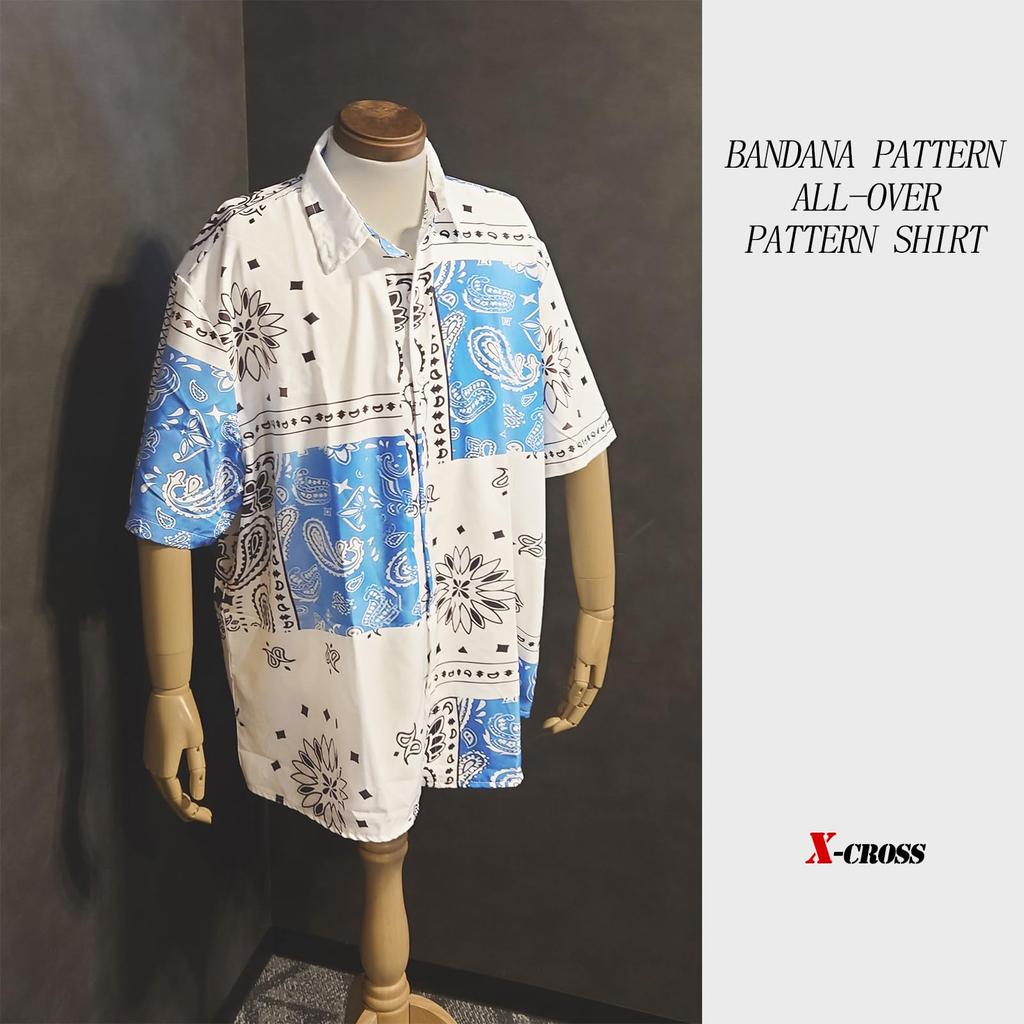 Short Sleeve Plus Bandana Paisley Open Loose American Short Korean Street Sizes Lightweight White X-cross Men's Shirt, Size, Casual, Stylish, Summer,