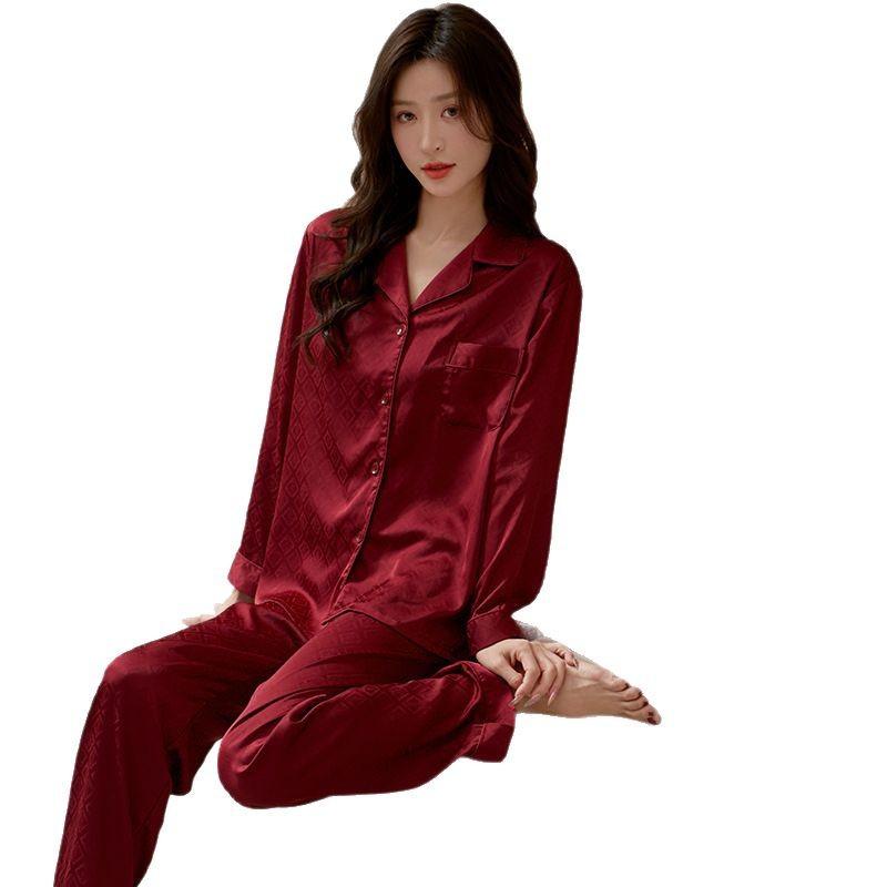 1011 spring and autumn pajamas ice silk women's long-sleeved red wedding wedding high-end summer men's loungewear suit