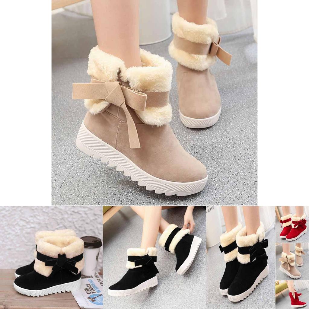 Women's Winter Boots Warm Fur Lined Casual Ankle Shoes With Sweet Bow Flats