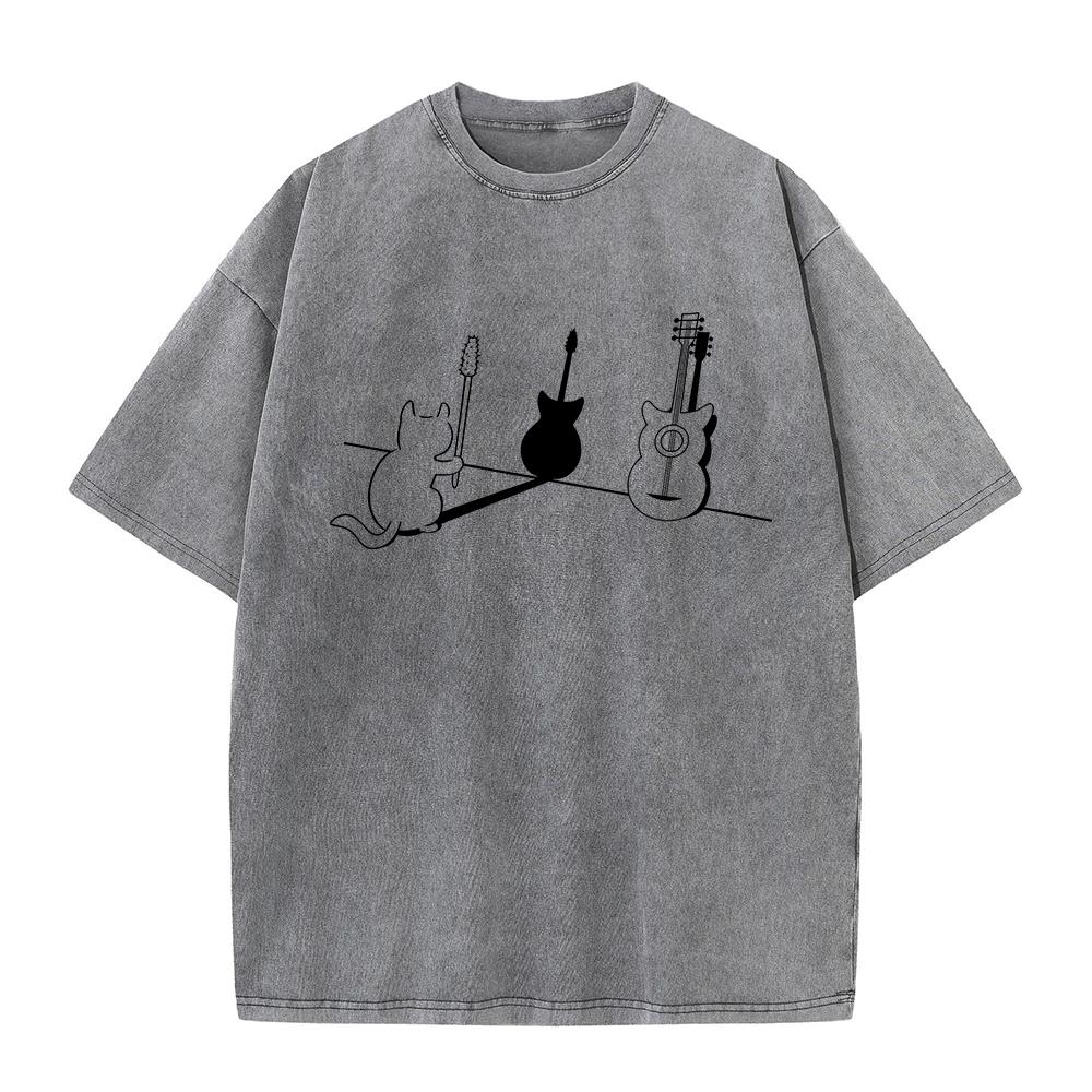 

Vintage Distressed Washed TShirt Comfortable Cotton Round Neck Short Sleeve Summer Casual Kitten Guitar Print Top S