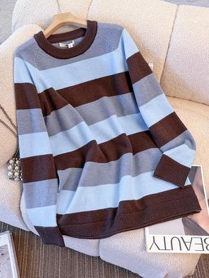 Plus Size Striped Knit Sweater for Women - Lazy Style Autumn/Winter Slim Fit (130-300 Jin)