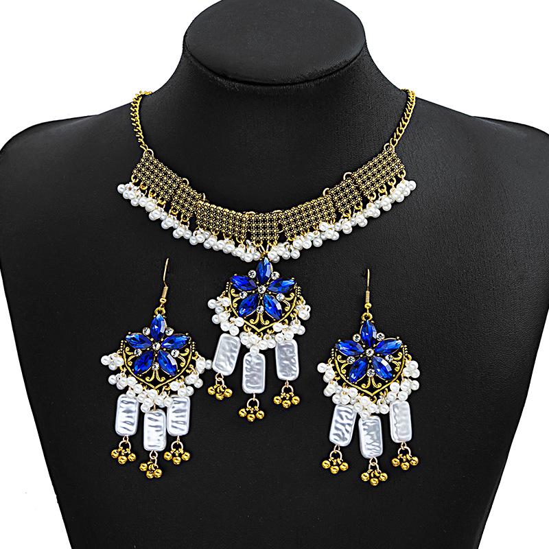 Bohemian Crystal Jewelry Set: Ethnic Tassel Necklace & Earring with Rhinestones