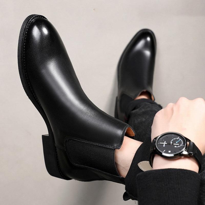 Fashion Men's Chelsea Boots British Style Short Boots Classic Business Leather Boot Plush Warm Winter Boots for Men Casual Leather Botas