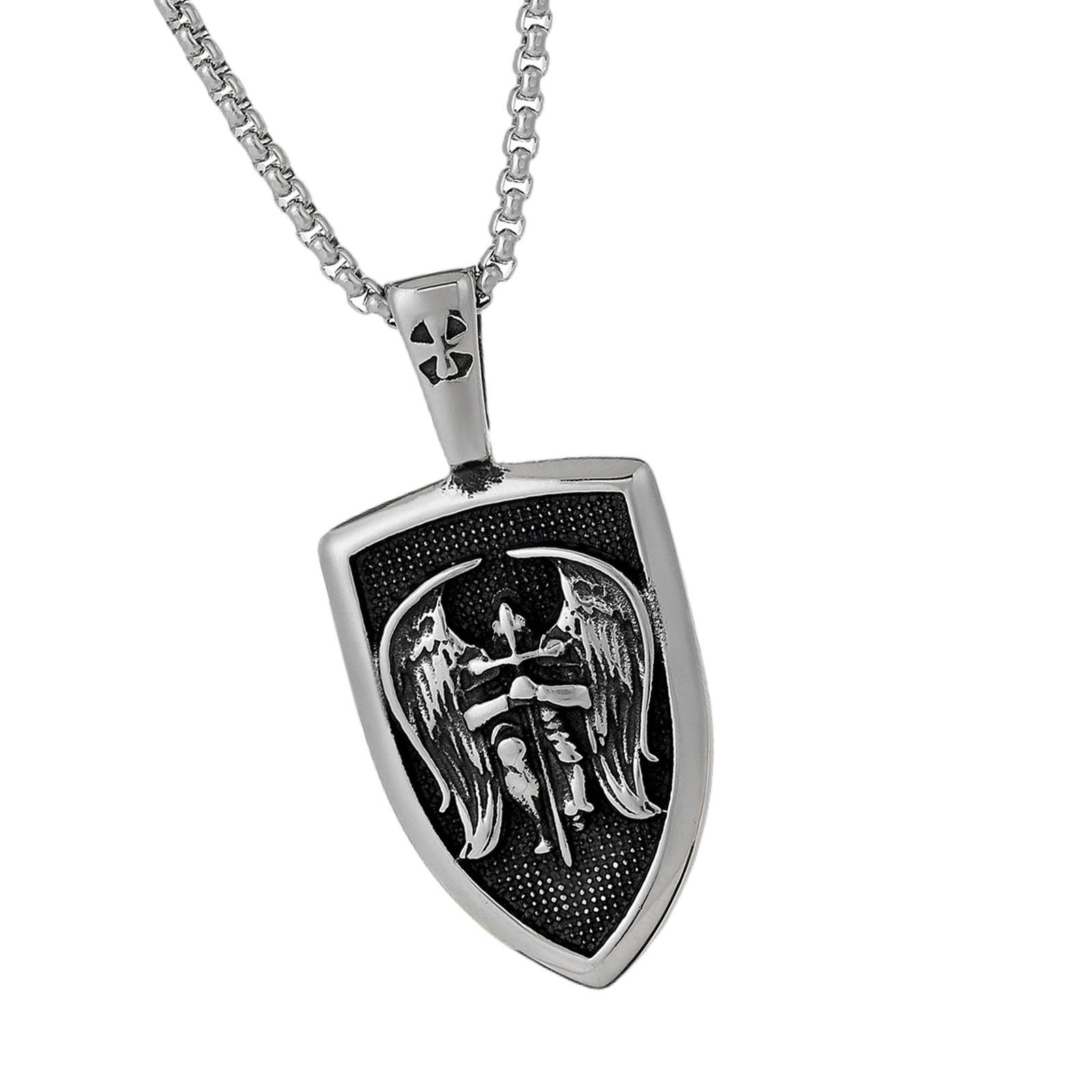 Men s Necklace with Angel Shield Designs Men s Stainless Steel Necklace Featuring Angel Shield Pendant for Gatherings 1