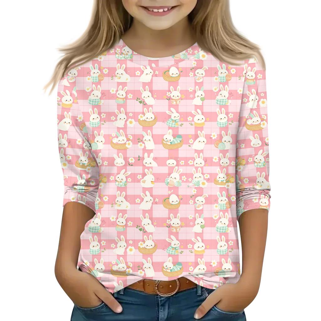Print Tops For Youth Girls Round Neck 3/4 Sleeves T-Shirts Trendy Tops Outfit Tees