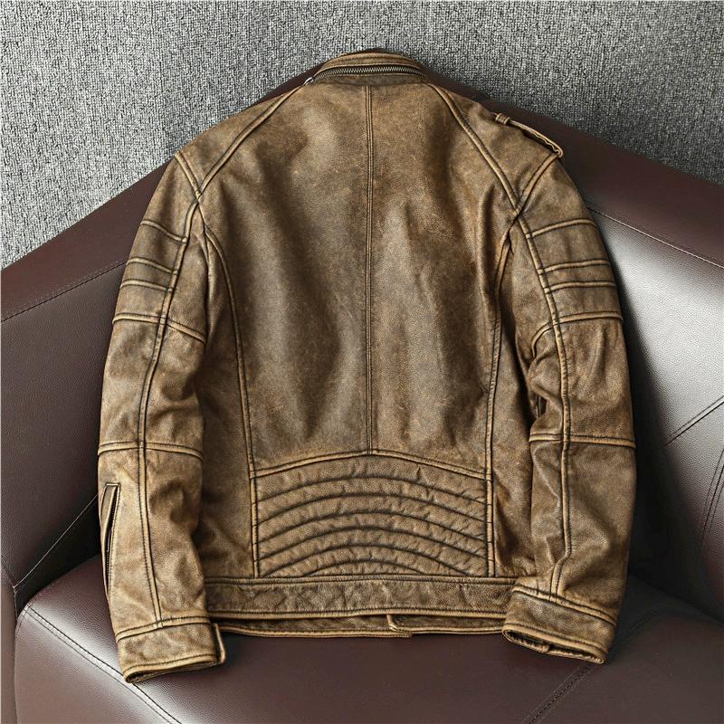Vintage Genuine Leather Jacket Men Short Distressed Biker Coat Pure Cowhide Motorcycle Jacket Autumn Winter