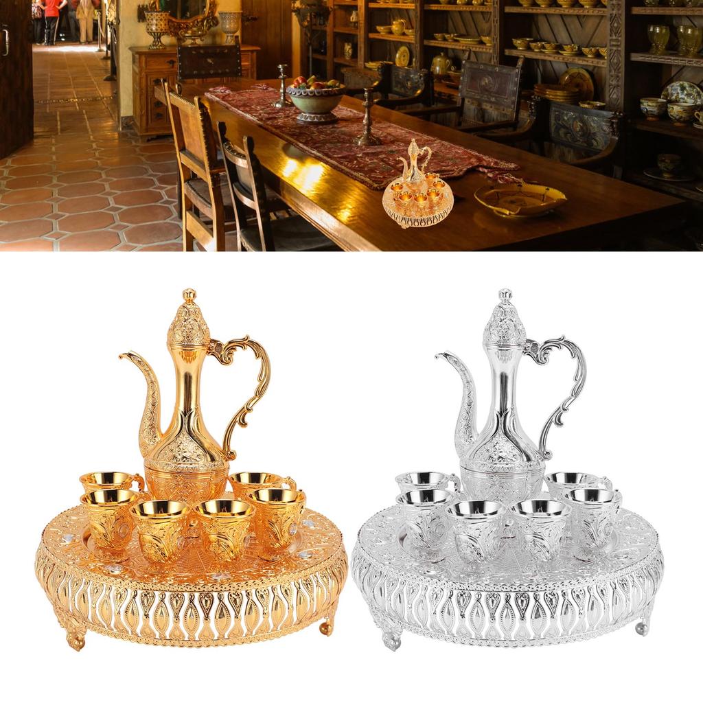Vintage Wine Pot Set European Retro Coffee Pot Tray Kit Decorative Zinc Alloy Exquisite Carving Wine