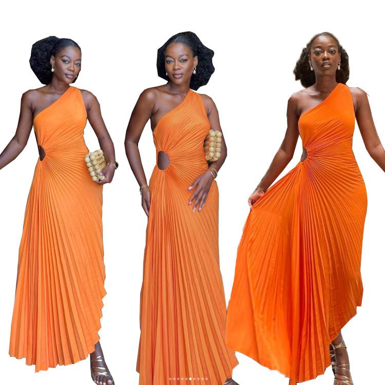 

Женское макси-платье с одним плечом, вырезами и плиссировкой, облегающего кроя, с четырехсторонней эластичностью, для вечерней вечеринки, официальное платье S оранжевый